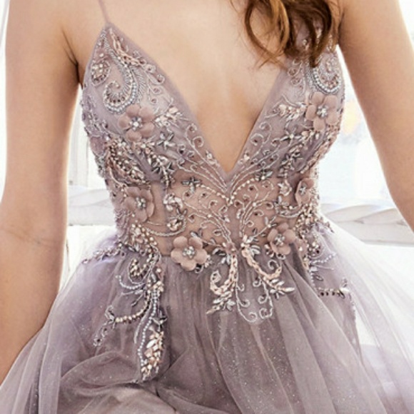 Blush/mauve or blue floral beaded ombre tulle a line dress - Picture 6 of 8